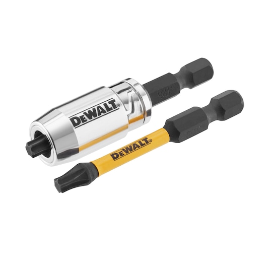 DEWALT screwdriver bit set with quick-change holder and two bits for power tools.