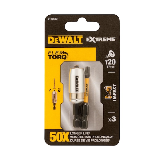 DEWALT FlexTorq Extreme T20 57mm Impact bit set in retail packaging, black and yellow, three pieces.