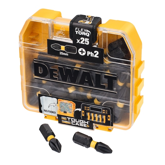 DEWALT FlexTorq bit set in tough yellow case with 25 screwdriver bits and two bits placed outside.