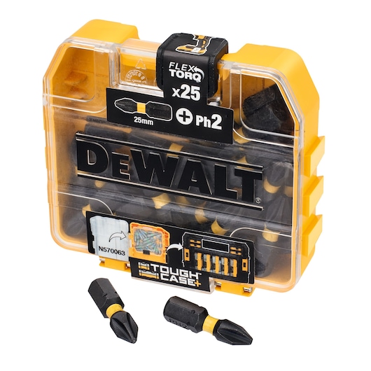 DEWALT Tough Case with 25 PH2 screwdriver bits, two bits shown in front, yellow and black case.