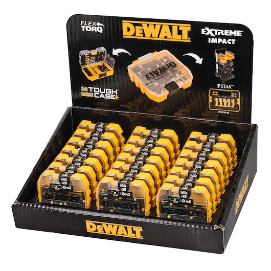 Display box of DEWALT Extreme Impact FlexTorq bit sets in tough cases, arranged in rows for retail presentation.