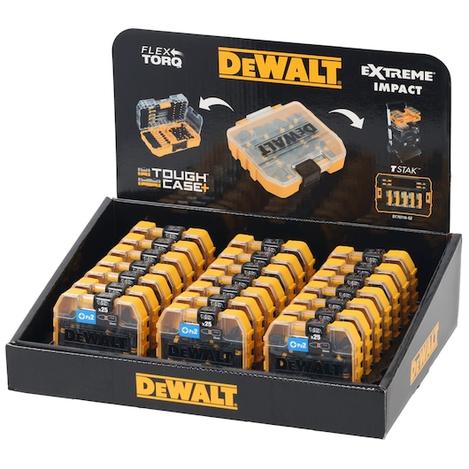 DEWALT Tough Case+ display box with multiple yellow and black bit sets, designed for impact and storage.