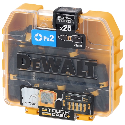 DEWALT Tough Case of 25 Pz2 screwdriver bits, FlexTorq, 25mm, yellow and black plastic box.