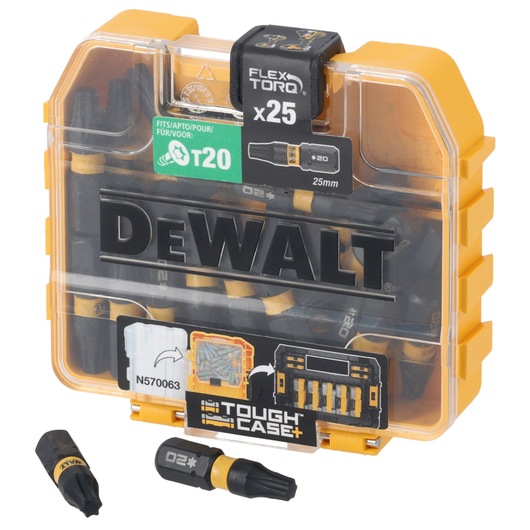 DEWALT Tough Case with 25 T20 screwdriver bits, black and yellow, two bits shown in front.