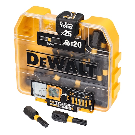 DEWALT Tough Case with 25 T20 screwdriver bits, 25mm size, yellow and black plastic box with two bits shown outside.