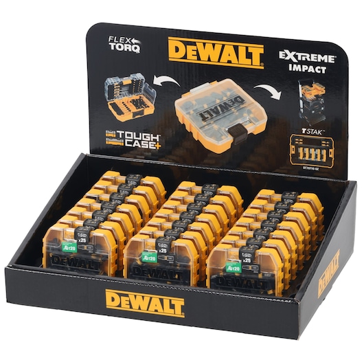 Display box with multiple DEWALT Tough Case+ sets for impact driver bits, organized in rows.