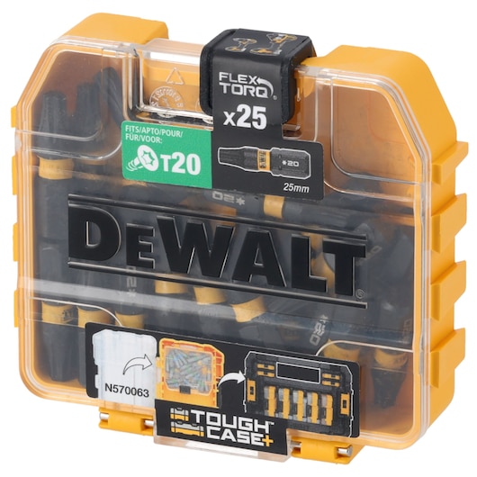 DEWALT Tough Case with 25 T20 FlexTorq bits, durable clear and yellow box for tool storage.