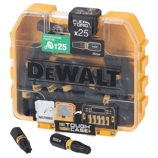 DEWALT DT70558T Tough Case with 25 screwdriver bits. Two bits are displayed in front of the case.