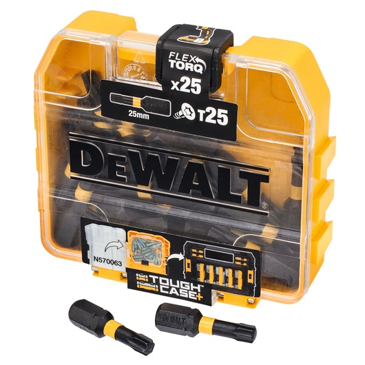 DEWALT DT70558T Tough Case with 25 FlexTorq T25 bits, 25mm, yellow and black storage box and bits shown.
