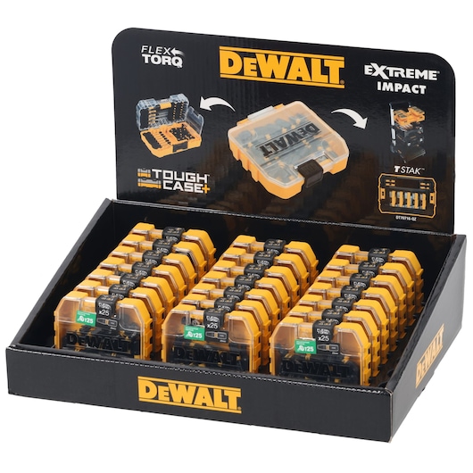 DEWALT ToughCase+ display box showing multiple cases of drill bits in yellow and black packaging.