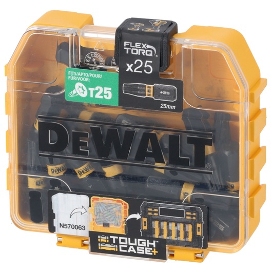 DEWALT Tough Case with 25 FlexTorq T25 screwdriver bits, yellow and transparent storage box.