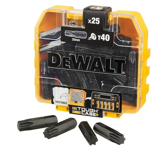 A DEWALT Tough Case+ containing 25 pieces of Torx T40 screwdriver bits, each 25mm in length. Four bits are shown in front of the case.