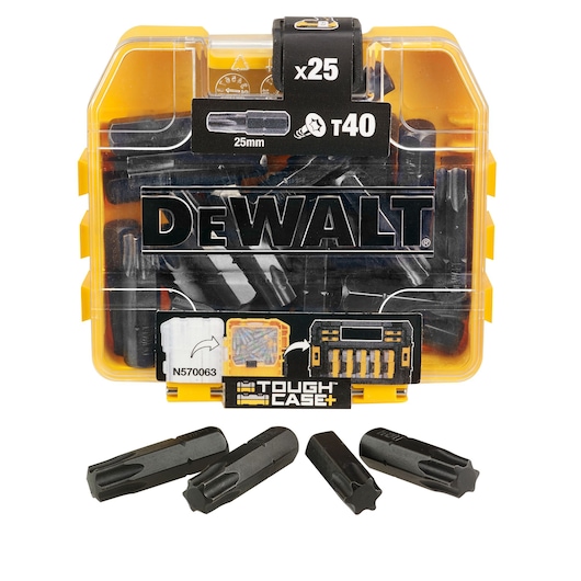 A DEWALT Tough Case+ containing 25 T40 25mm screwdriver bits. The yellow and black plastic case is transparent at the front, displaying the bits inside. Four bits are shown outside in front of the case.