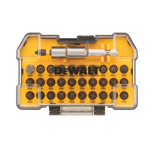 DEWALT DT70560T bit set in a clear yellow case, showing various screwdriver bits and a metal adapter.