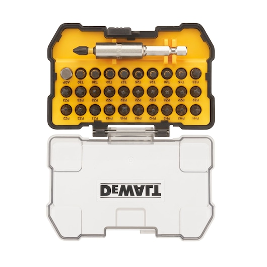 DEWALT DT70560T bit set in a yellow and clear plastic case with multiple screwdriver bits and a bit holder.
