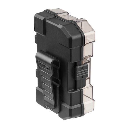 Black DEWALT hard plastic storage case with clip and transparent sections, shown angled on white background.