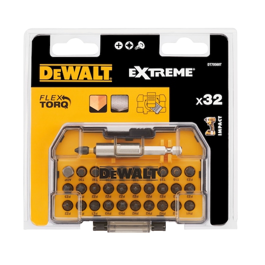 DEWALT DT70560T Extreme Flex Torq bit set in plastic box, 32 pieces for impact drills, shown in retail packaging.