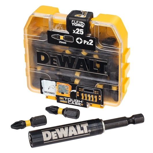 DEWALT Flex Torq bit set in a yellow case, includes bit holder and screwdriver bits.