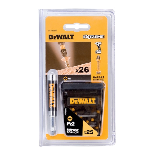 DEWALT Extreme Impact Torsion Pz2 bit set DT70564T, contains 25 bits and a holder in retail packaging.