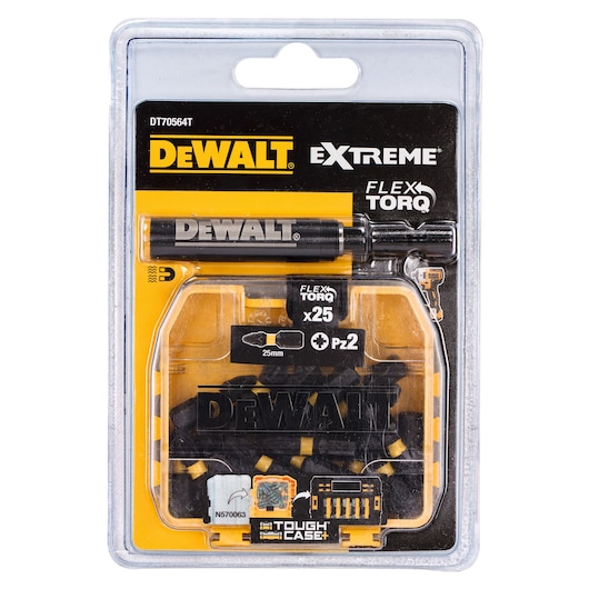 DEWALT Flex Torq screwdriver bit set, 25 pieces, in yellow and black Tough Case packaging, SKU DT70564T.