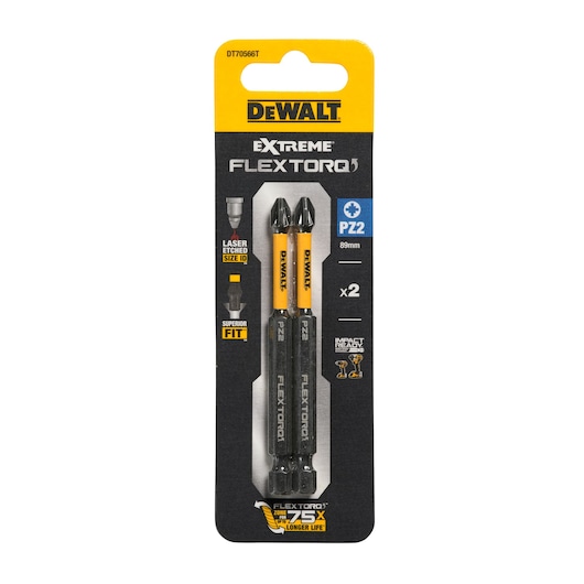 DEWALT Extreme FlexTorq PZ2 screwdriver bits, 89mm length, 2-pack in black and yellow packaging.