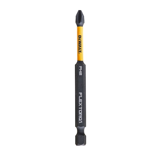 DEWALT PH2 Flextorq screwdriver bit with yellow shaft, black ends, and product branding visible.