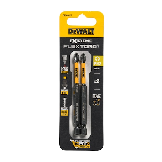DEWALT Extreme FlexTorq PH2 screwdriver bit set, 89mm, pack of two, impact ready, in retail packaging.