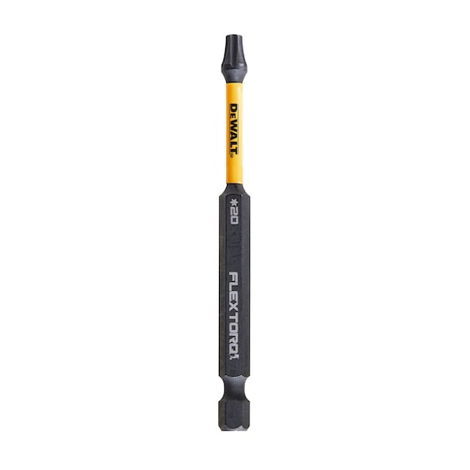 DEWALT screwdriver bit with yellow shaft and black tip labeled FLEXTORQ and #20.