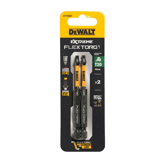 DEWALT DT70568T Extreme FlexTorq T20 screwdriver bits pack, 89mm length, impact ready, 2 pieces.