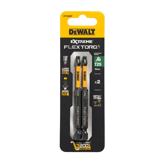 DEWALT Extreme FlexTorq T25 screwdriver bits, 2 pack, 89mm length, impact ready, in retail blister packaging.