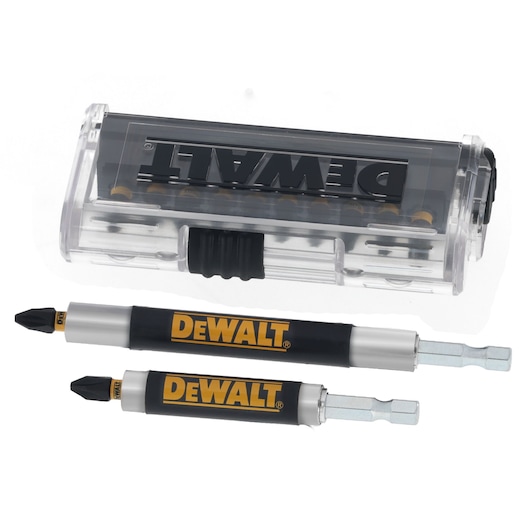 DEWALT screwdriver bit set with two bits and transparent case, suitable for precision tasks.