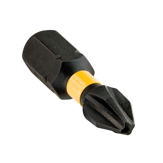 Short black and yellow screwdriver bit with hex base and Phillips tip, photographed on white background.