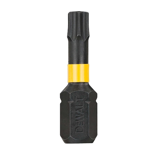 DEWALT DT70574T black and yellow screwdriving bit with ribbed tip, shown vertically on a white background.