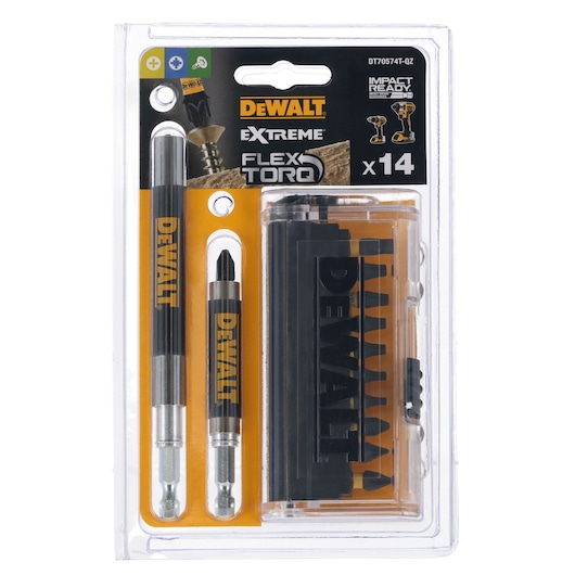DEWALT DT70574T screwdriver bit set with 14 pieces, two bit holders, and storage case in blister packaging.