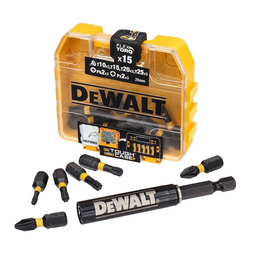 DEWALT DT70577T FlexTorq impact driver bit set in a yellow and transparent plastic storage case, displaying 15 pieces including various screwdriver bits and a bit holder, with several bits arranged outside the case.
