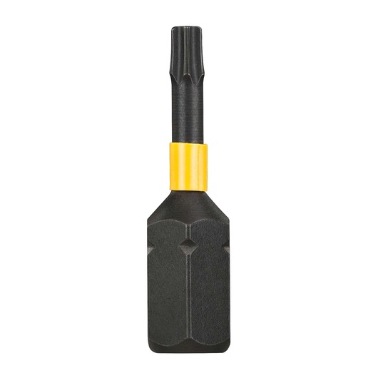 A DEWALT DT70577T black screwdriver bit with a yellow band, designed for use with power tools.
