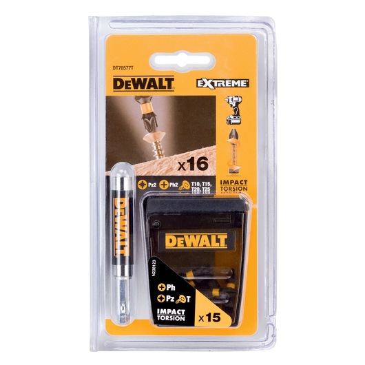 DEWALT Extreme Impact Torsion screwdriver bit set DT70577T in retail packaging, showing 16 pieces including a bit holder and various screwdriver bits in a compact plastic case.
