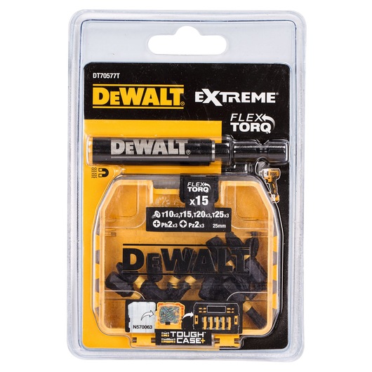 Front view of a DEWALT Extreme FlexTorq bit set (SKU: DT70577T) in retail packaging. The set contains a variety of screwdriver bits and a bit holder in a transparent, yellow Tough Case, suitable for use with power tools.
