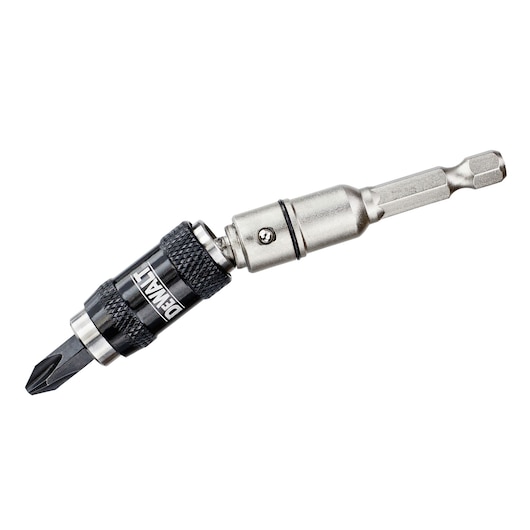 A DEWALT branded magnetic bit holder with a screwdriver bit attached, designed for use with power tools. The bit holder features a knurled grip and a hex shank.
