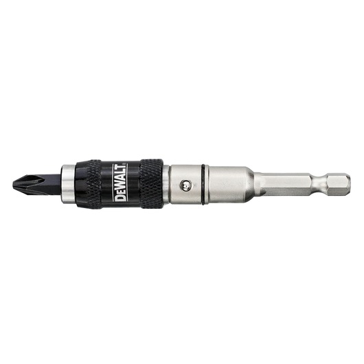A DEWALT branded screwdriver bit holder with a Phillips screwdriver bit attached, featuring a metal body and a knurled black grip.