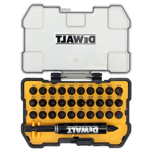 DEWALT DT70585T bit set with 32 screwdriver bits and holder in a yellow and black box with clear lid.