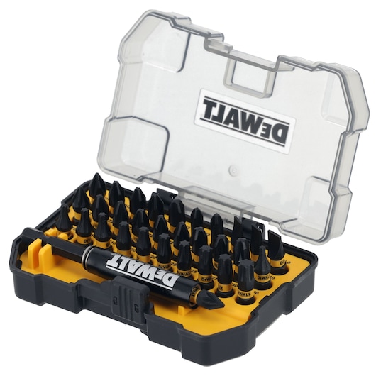 DEWALT bit set in a black and yellow plastic case with clear lid, shown open and containing various screwdriver bits.