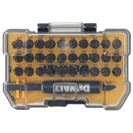 DEWALT bit set in a clear plastic box with assorted screwdriver bits and holder, organized and visible.