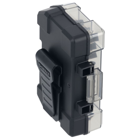 DEWALT DT70585T black and transparent plastic tool case with belt clip, shown standing upright.