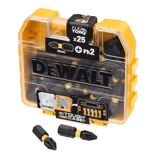 DEWALT Tough Case containing 25 screwdriver bits, Ph2, 25mm, with three bits shown outside the box.