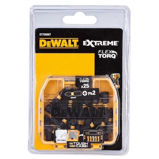 DEWALT DT70586T FlexTorq Extreme set in tough clear case, contains 25 screwdriver bits.