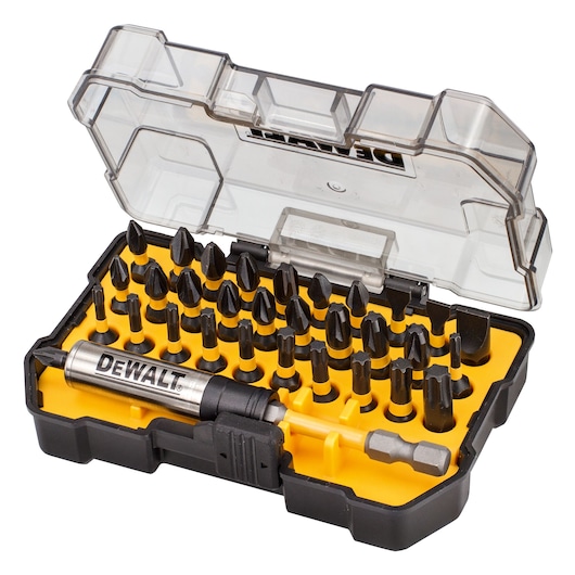 DEWALT bit set with various screwdriver bits in a yellow case with clear lid, arranged for easy access.