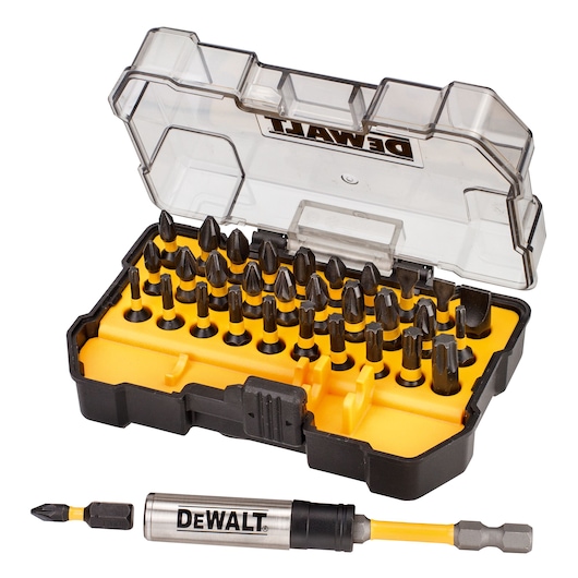 DEWALT bit set in a black and yellow case with clear lid, includes multiple screwdriver bits and a bit holder.