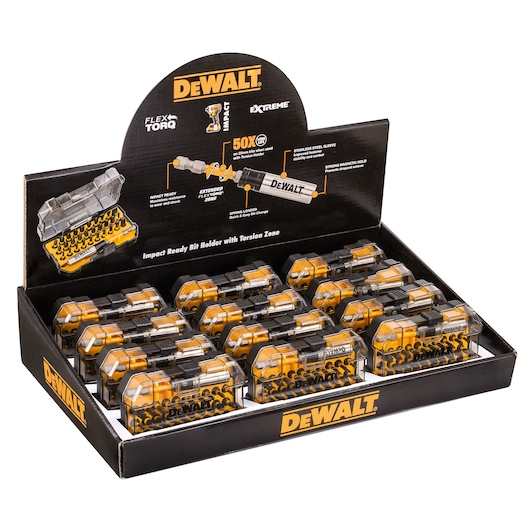 DEWALT DT70587T drill bit set display, multiple yellow and black cases for impact drivers, product packaging visible.