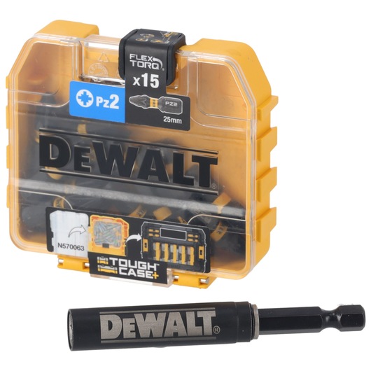 A DEWALT ToughCase+ containing 15 PZ2 25mm screwdriver bits, shown with a FlexTorq bit holder in front. The case is yellow and transparent, displaying the DEWALT logo prominently.